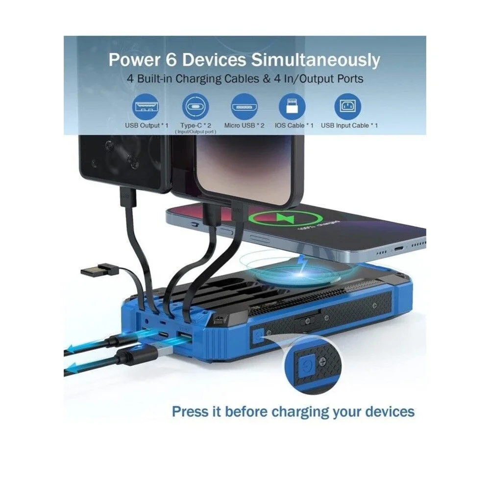 Blue Solar Power Bank 36000mAh Built-in 4 Cables Qi Wireless Charger Sealed Box